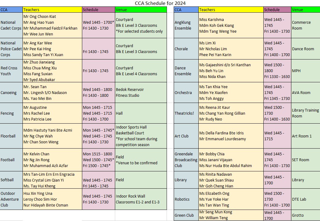 CCA Schedule